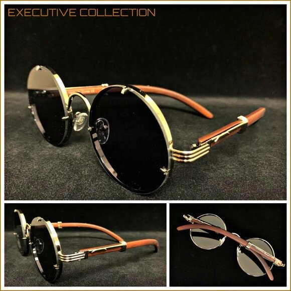 Men's Classic Vintage Retro Style SUN GLASSES Classy Round Gold Fashion Frame - Picture 1 of 4